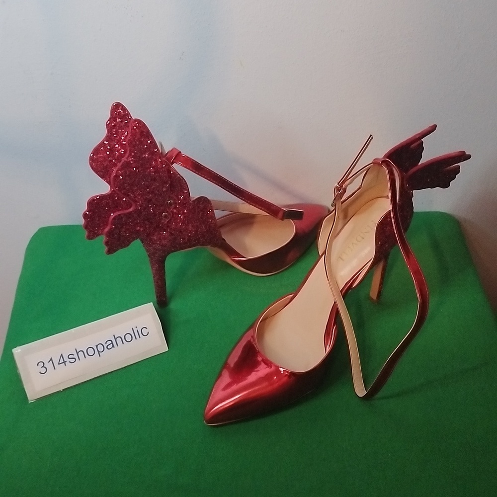 Red Glitter Stiletto Heels With Ankle Strap